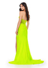Back. Neon Green ASHLEYlauren 11520 Fitted Jersey Gown with Sweetheart Neckline, Beaded Corset Bustier, Lace Up Back, Ruched Detail, and Left Leg Slit