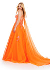 Back. Neon Orange ASHLEYlauren 11573 Romantic One Shoulder Organza Ball Gown with Intricate Sequin Appliqué, Open Back, and Draped Organza Cape