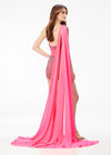 Back. Neon Pink ASHLEYlauren 11228 One-Shoulder Romper Fully Encrusted with Pearls and Crystals, Featuring a Ruched Wrap Waist and Attached Chiffon Float