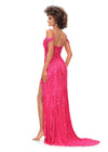 Back. Neon Pink ASHLEYlauren 11257 fully beaded gown featuring spaghetti straps, a sweetheart neckline, intricate bead pattern to accent curves, draped shoulder straps, left leg slit, and a sweep train for an elegant finish.