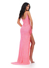 Back. Neon Pink ASHLEYlauren 11357 glamorous fully beaded gown featuring a scoop neckline, delicate spaghetti straps, fringe-encrusted slit, and crystal accents for a dazzling old Hollywood-inspired look.