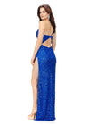 Back. Neon Royal ASHLEYlauren 11285 One Shoulder Sequin Gown with Adjustable Straps, Keyhole Back Cut Out, Fully Hand Beaded Design, and Left Leg Slit