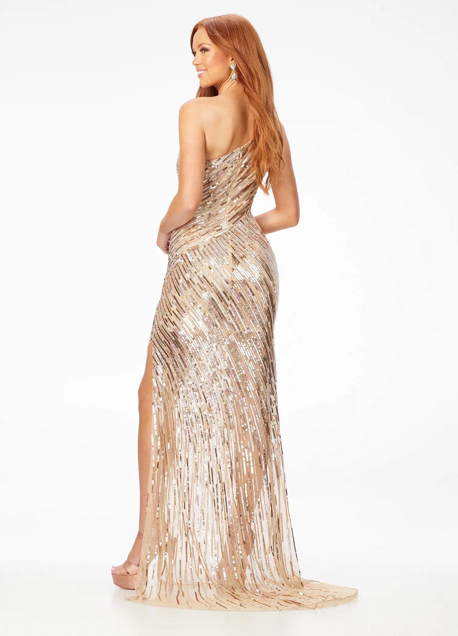 Back. Nude ASHLEYlauren 11207 One-Shoulder Sequin Gown with Asymmetrical Wrap Bead Pattern, Illusion Cut-Out, Slit, and Sweep Train