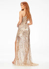 Back. Nude ASHLEYlauren 11207 One-Shoulder Sequin Gown with Asymmetrical Wrap Bead Pattern, Illusion Cut-Out, Slit, and Sweep Train