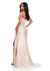 Back. Nude ASHLEYlauren 11549 Red Carpet Ready Shimmer Jersey Gown with Spaghetti Straps, Structured Corset Bustier, Ruched Hip Detail, and Left Leg Slit