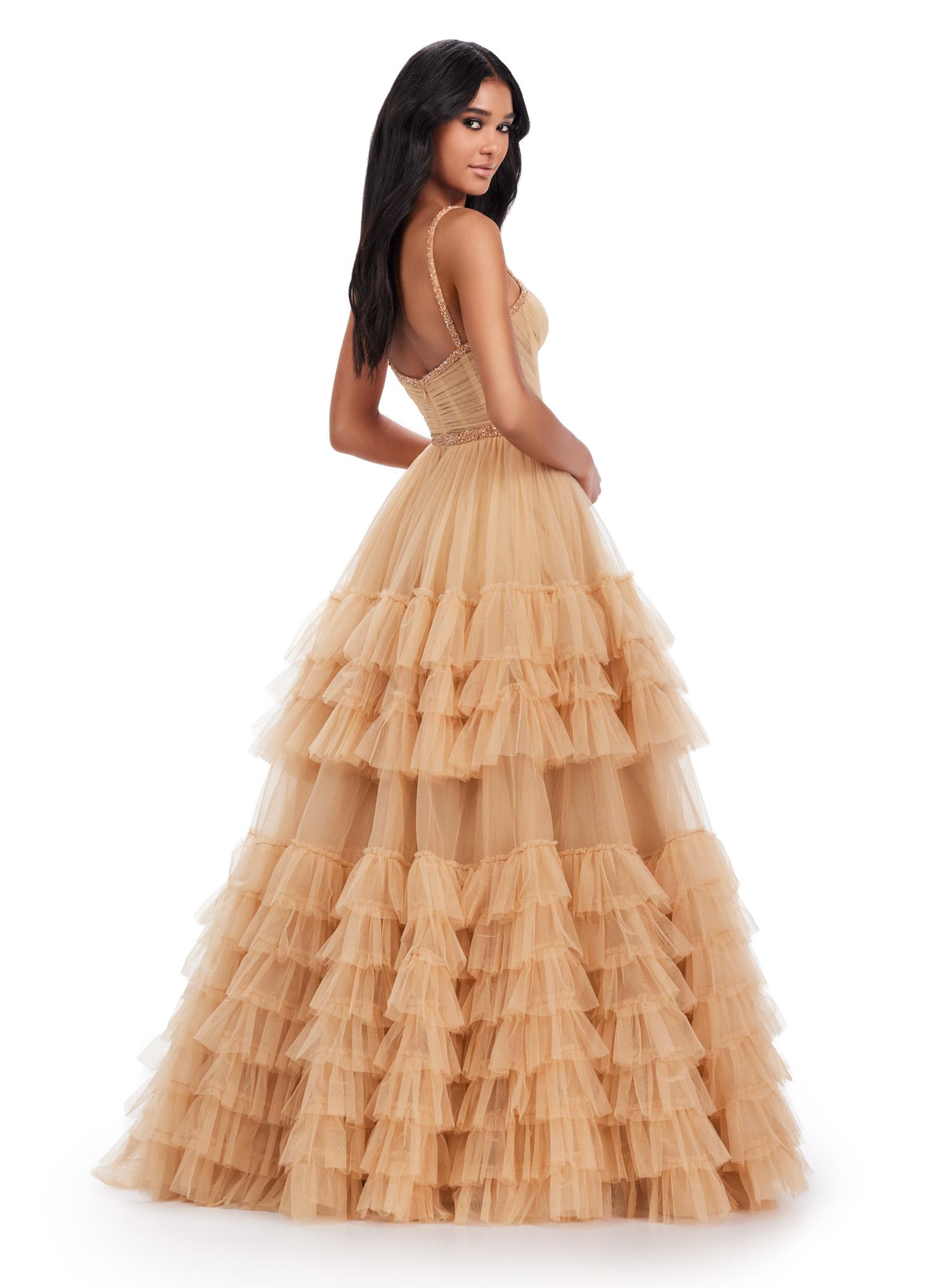 Back. Nude ASHLEYlauren 11603 Spaghetti Strap Tulle Ball Gown with Tiered Skirt, Beaded Waist and Strap Accents, and Corset Bustier
