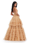 Back. Nude ASHLEYlauren 11603 Spaghetti Strap Tulle Ball Gown with Tiered Skirt, Beaded Waist and Strap Accents, and Corset Bustier