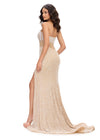 Back. Nude ASHLEYlauren 11659 fully beaded gown featuring a strapless corset bustier, asymmetrical waistline to accentuate curves, fitted silhouette, left leg slit, and horsehair trim for an elegant and glamorous look.