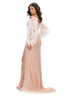 Back. Nude ASHLEYlauren 11667 fully hand-beaded gown featuring a sweetheart neckline, off shoulder feather-adorned sleeves, crystal-trimmed bustier and left leg slit for a glamorous and luxurious look.
