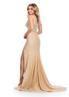 Back. Nude ASHLEYlauren 11690 Glamorous Strapless Gown with Exposed Corset Boning Encrusted in Press On Stones, Ruched Skirt, and Left Leg Slit