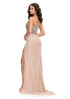 Back. Nude ASHLEYlauren 11830 dazzling fully hand-beaded gown featuring a sweetheart neckline, corset bustier, left leg slit, and a horsehair-trimmed skirt for a glamorous and elegant look.