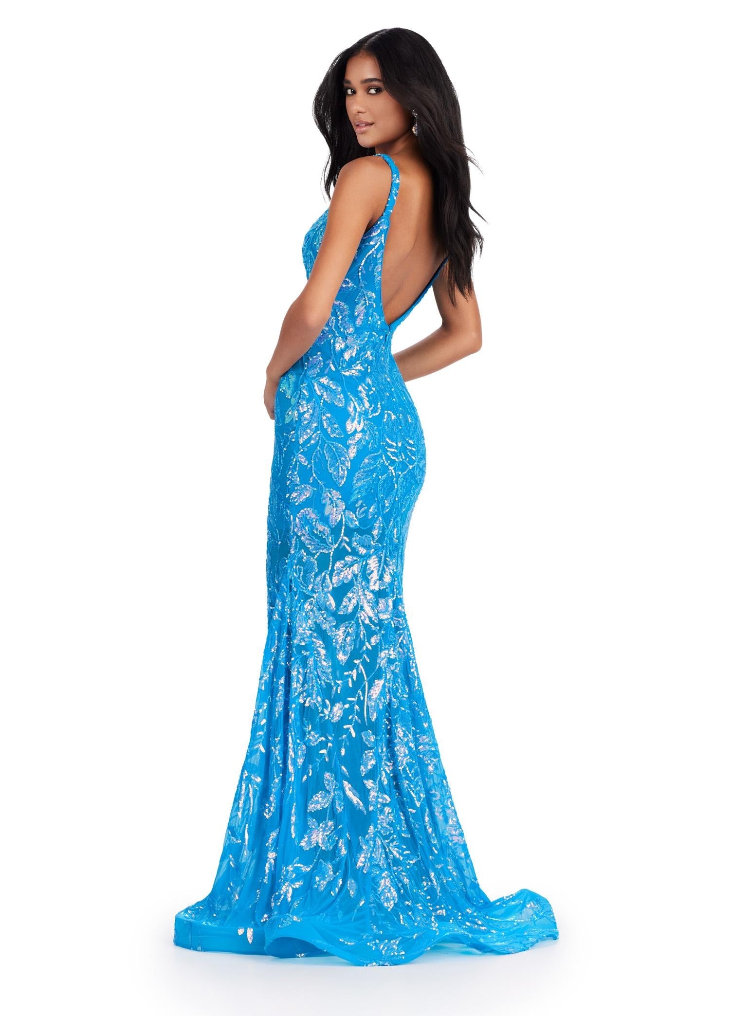 Back. Ocean ASHLEYlauren 11444 Fully Sequin Gown with V-Neckline, Deep V-Back, Stretch Fabric, and Flared Skirt for a Regal Look