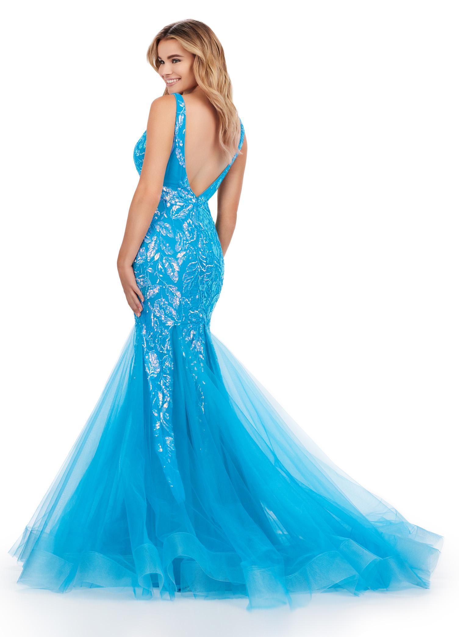 Back. Ocean ASHLEYlauren 11472 stretch sequin gown with deep V-neckline, V-back, and pleated tulle overlay skirt