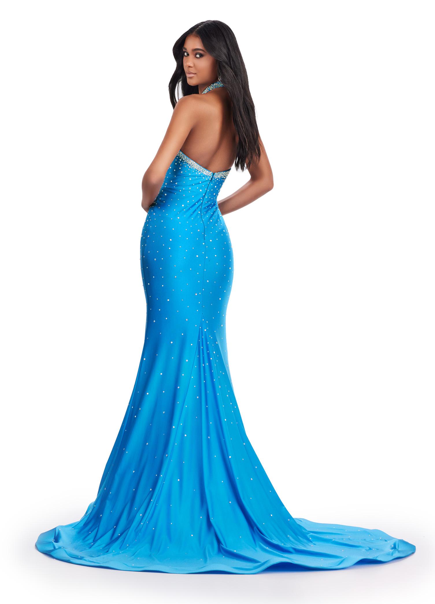 Back. Ocean ASHLEYlauren 11578 Edgy Fitted Jersey Gown with Halter Neckline, Bold Cut Outs, and Glamorous Press On Stone Details
