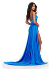 Back. Ocean ASHLEYlauren 11579 Unique Jersey Gown with Illusion V-Neckline, Sparkling Press On Stones, Flowing Side Skirt, and Left Leg Slit