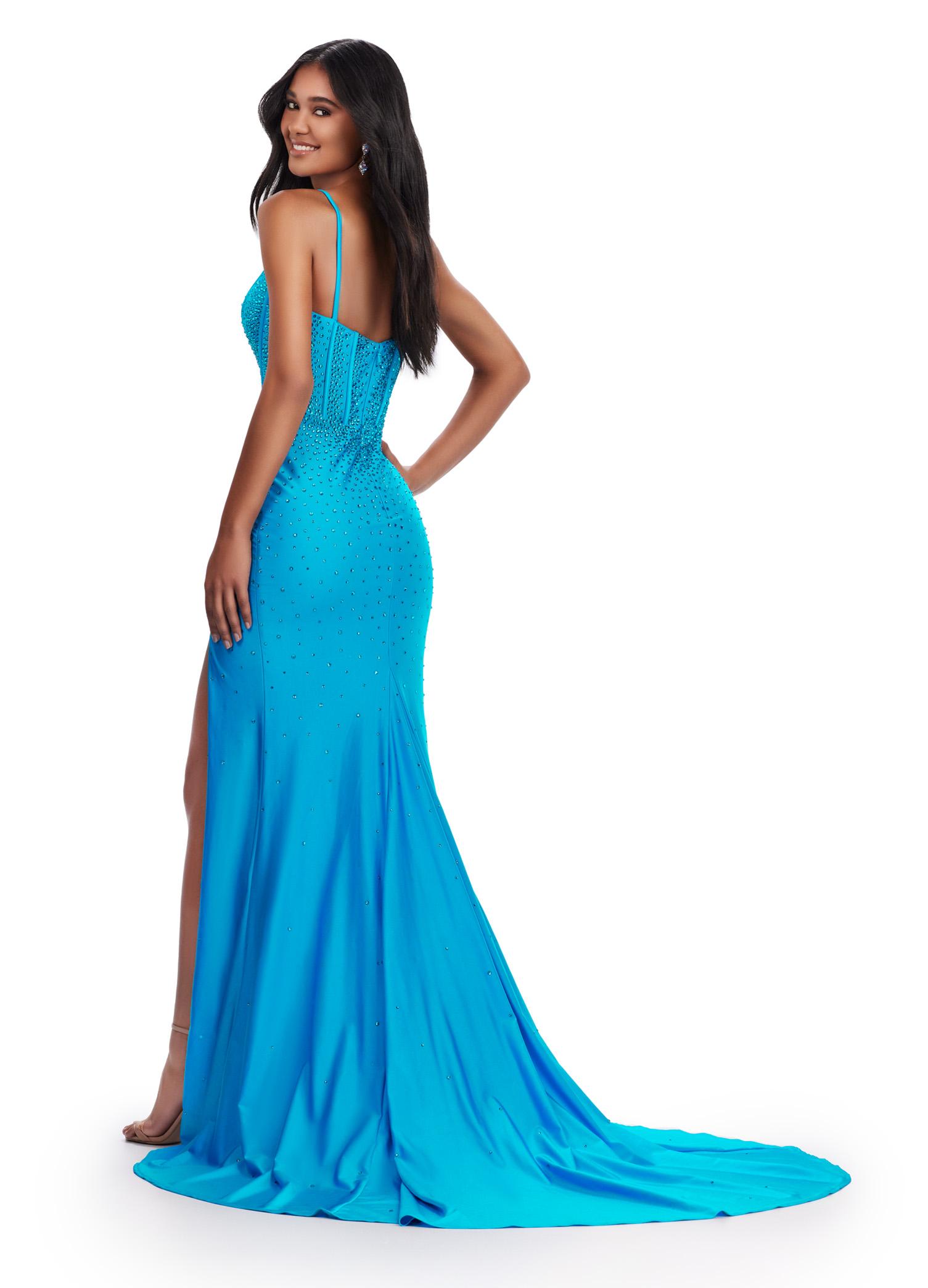 Back. Ocean ASHLEYlauren 11688 Stunning Jersey Gown with Spaghetti Straps, Plunging V-Neckline, Scattered Press On Stones, Draped Skirt, and Left Leg Slit