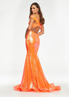 Back. Orange ASHLEYlauren 11107 Off-Shoulder Sequin Gown with Criss-Cross Open Back, Fit & Flare Silhouette, and Horsehair Hem