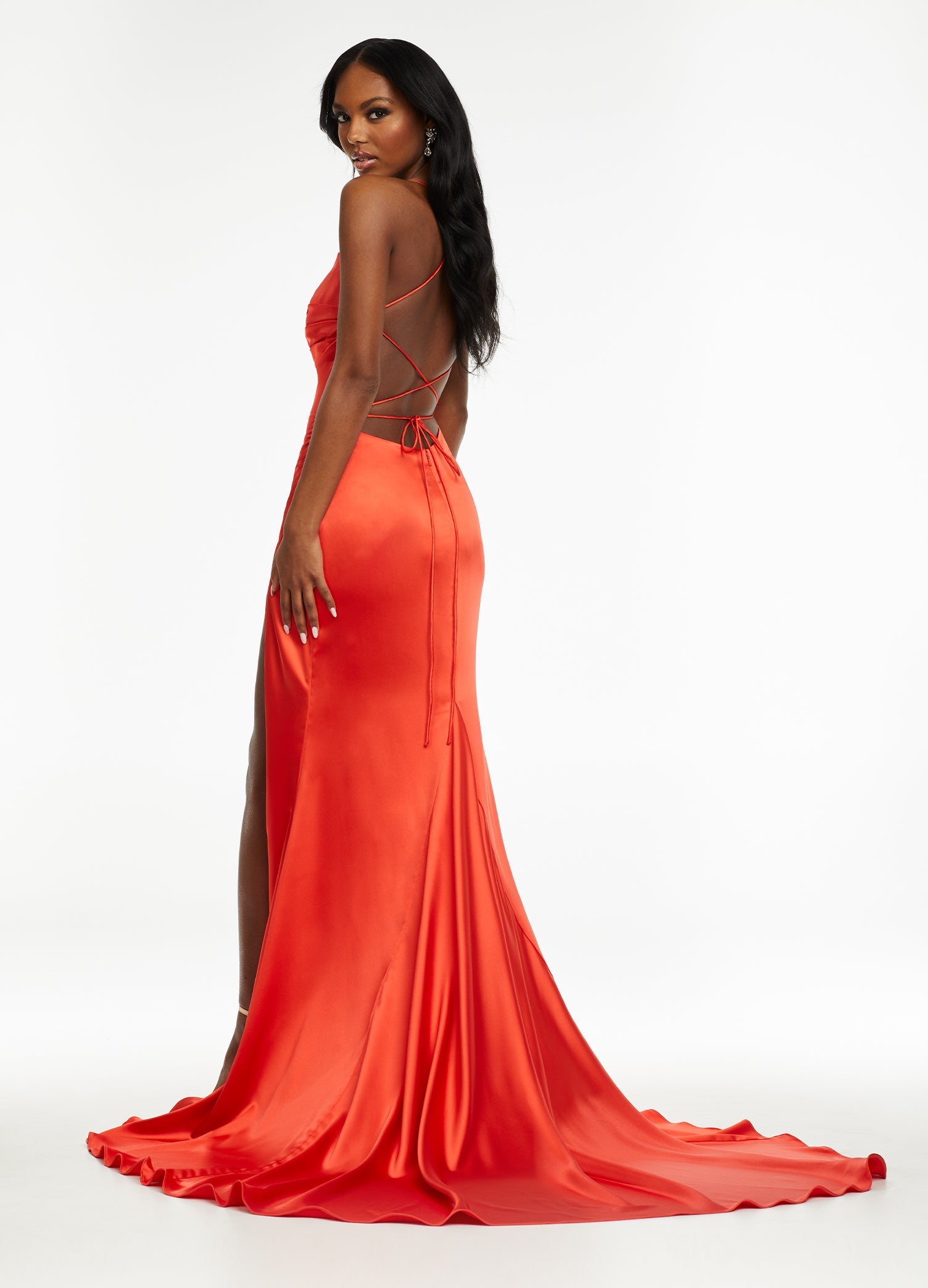 Back. Orange ASHLEYlauren 11162 Elegant Gown with Spaghetti Straps, Draped Bodice, Ruching, Left Leg Slit, and Lace-Up Back