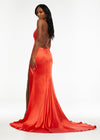 Back. Orange ASHLEYlauren 11162 Elegant Gown with Spaghetti Straps, Draped Bodice, Ruching, Left Leg Slit, and Lace-Up Back
