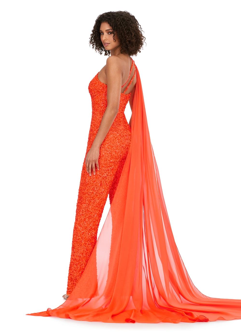 ASHLEYlauren 11384 - Sequin One-Shoulder Jumpsuit with Cape