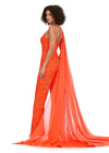 Back. Orange ASHLEYlauren 11384 eye-catching sequin jumpsuit featuring a one shoulder neckline, removable cape, open back with sequin straps, for a bold and glamorous statement look.