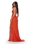 Back view. ASHLEYlauren 11635 One Shoulder Fully Beaded Gown in Orange with Crystal Trimmed Asymmetric Cut Out, Open Back, and Left Leg Slit