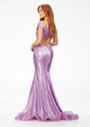 Back. Orchid ASHLEYlauren 11107 Off-Shoulder Sequin Gown with Criss-Cross Open Back, Fit & Flare Silhouette, and Horsehair Hem