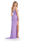 Back. Orchid ASHLEYlauren 11357 glamorous fully beaded gown featuring a scoop neckline, delicate spaghetti straps, fringe-encrusted slit, and crystal accents for a dazzling old Hollywood-inspired look.