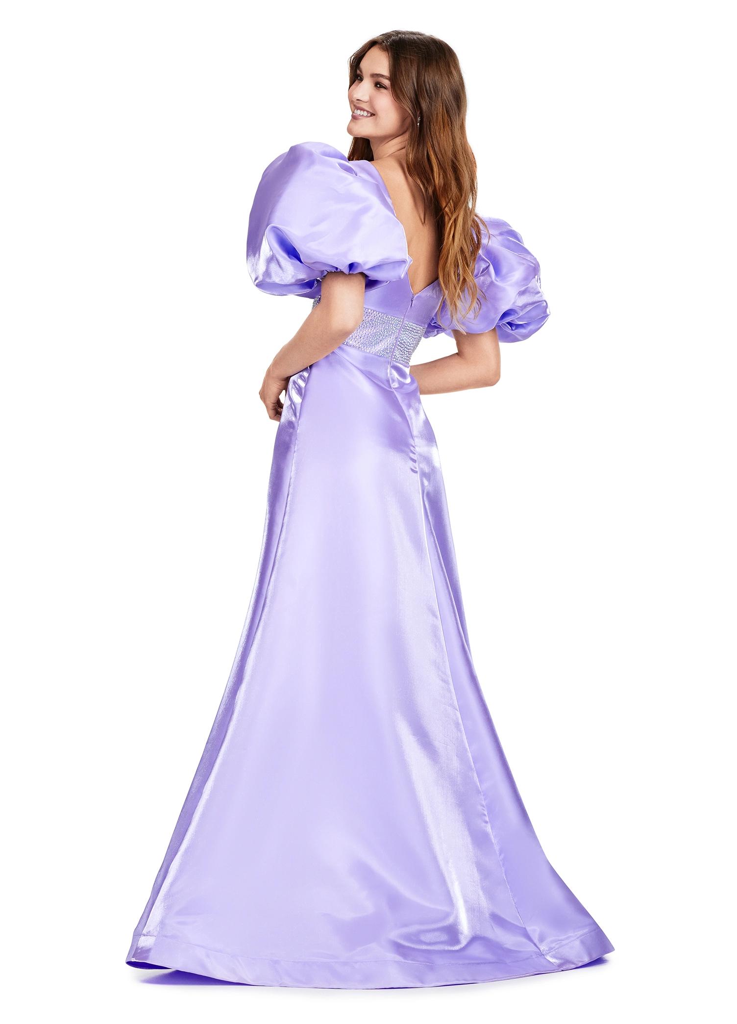 Orchid ASHLEYlauren 11378 Elegant Shimmer Satin A-Line Gown with V-Neckline, V-Back, Oversized Puff Sleeves, and Heat Set Detailed Waistband