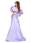 Orchid ASHLEYlauren 11378 Elegant Shimmer Satin A-Line Gown with V-Neckline, V-Back, Oversized Puff Sleeves, and Heat Set Detailed Waistband
