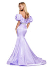 Back. Orchid ASHLEYlauren 11419 Strapless Satin Gown with Sweetheart Neckline, Voluminous Puff Sleeves, Mermaid Silhouette, and Sparkling Jeweled Belt