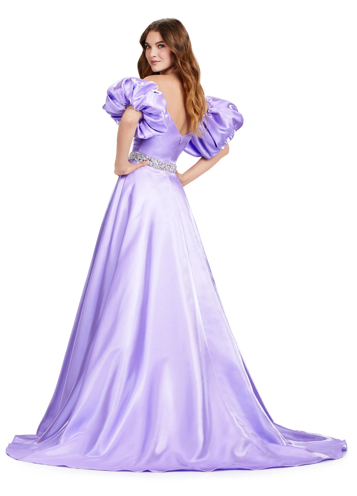 Back. Orchid ASHLEYlauren 11474 strapless satin ball gown with sweetheart neckline, beaded belt, left leg slit, and detachable puff sleeves