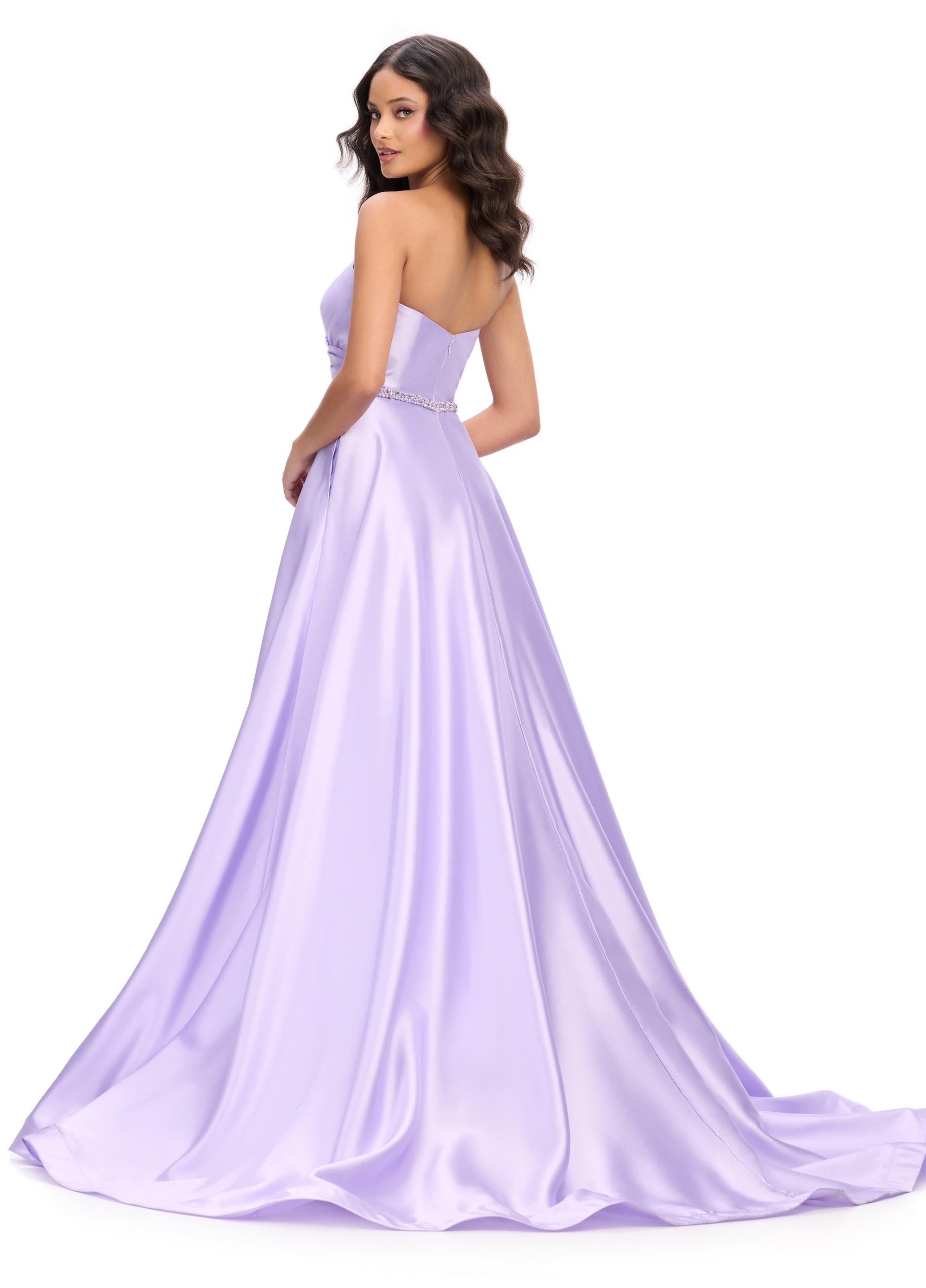 Back. Orchid ASHLEYlauren 11773 elegant Mikado ball gown featuring a flattering sweetheart neckline, beaded belt, and a full ball gown skirt for a regal and timeless look.