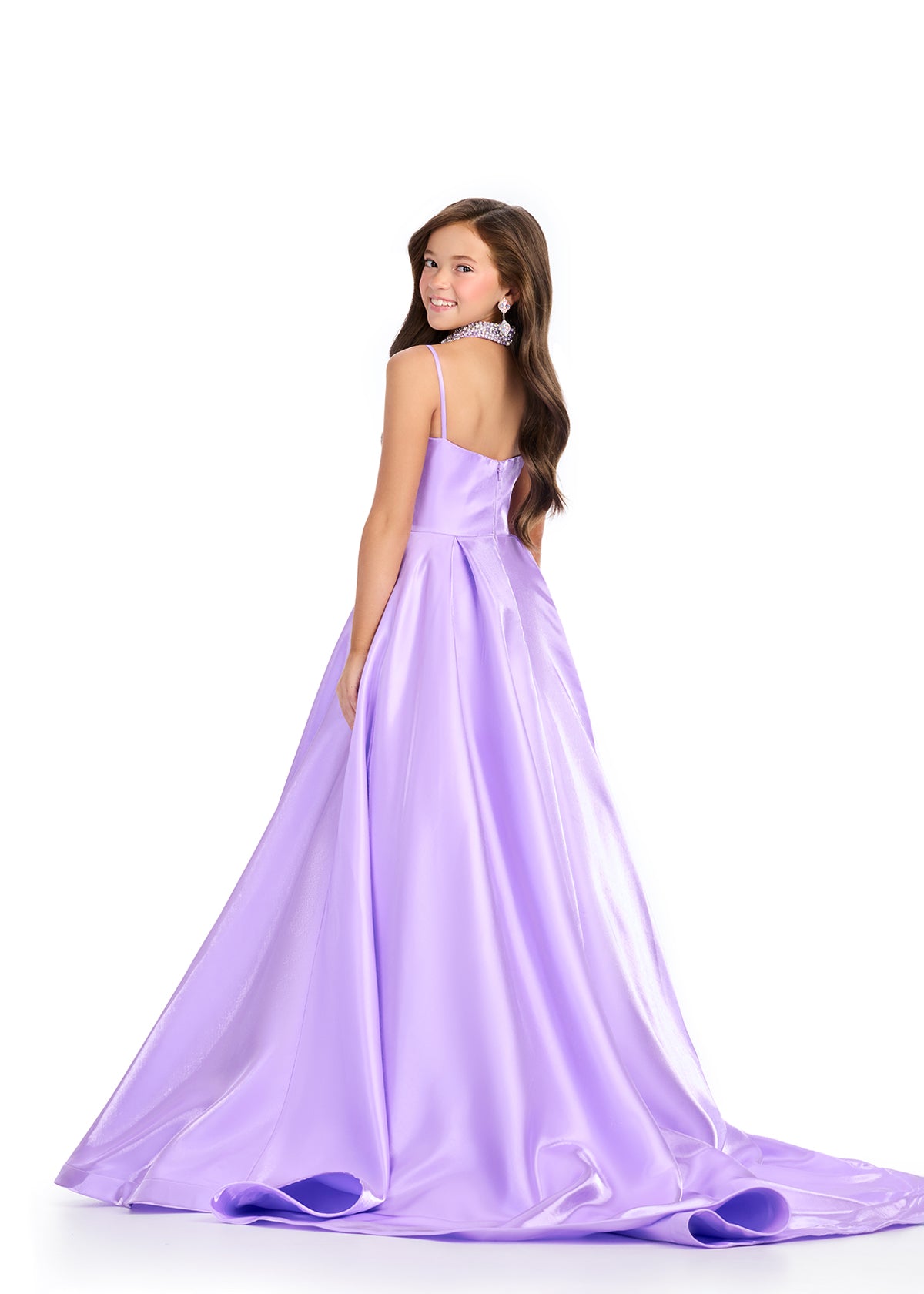 Back. Orchid ASHLEYlauren 8275 elegant satin kids ball gown featuring delicate spaghetti straps, an A-line skirt, a matching fully beaded choker, and a sweep train for a timeless and sophisticated look.