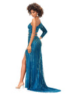 Back. Peacock ASHLEYlauren 11261 fully hand-beaded one shoulder gown featuring a shark bite cut out at the waist, left leg slit, and intricately placed bead pattern to accentuate curves, complete with scattered fringe along the shoulder and waistline for a bold and glamorous look.