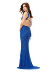 Back. Peacock ASHLEYlauren 11366 stunning hand-beaded gown featuring a deep V-neckline, intricate bead pattern, side cut outs, a lace-up open back, and a sweep train for a bold and glamorous statement look.