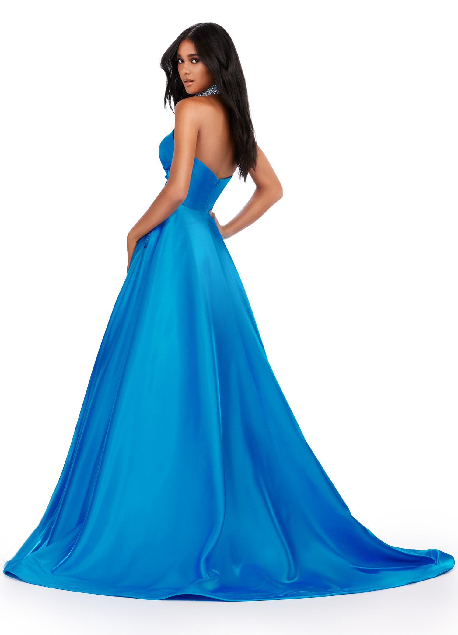 Back. Peacock ASHLEYlauren 11473 elegant A-line satin ball gown featuring a strapless sweetheart neckline, ruched bustier, and a fully beaded matching choker for a timeless and glamorous look.