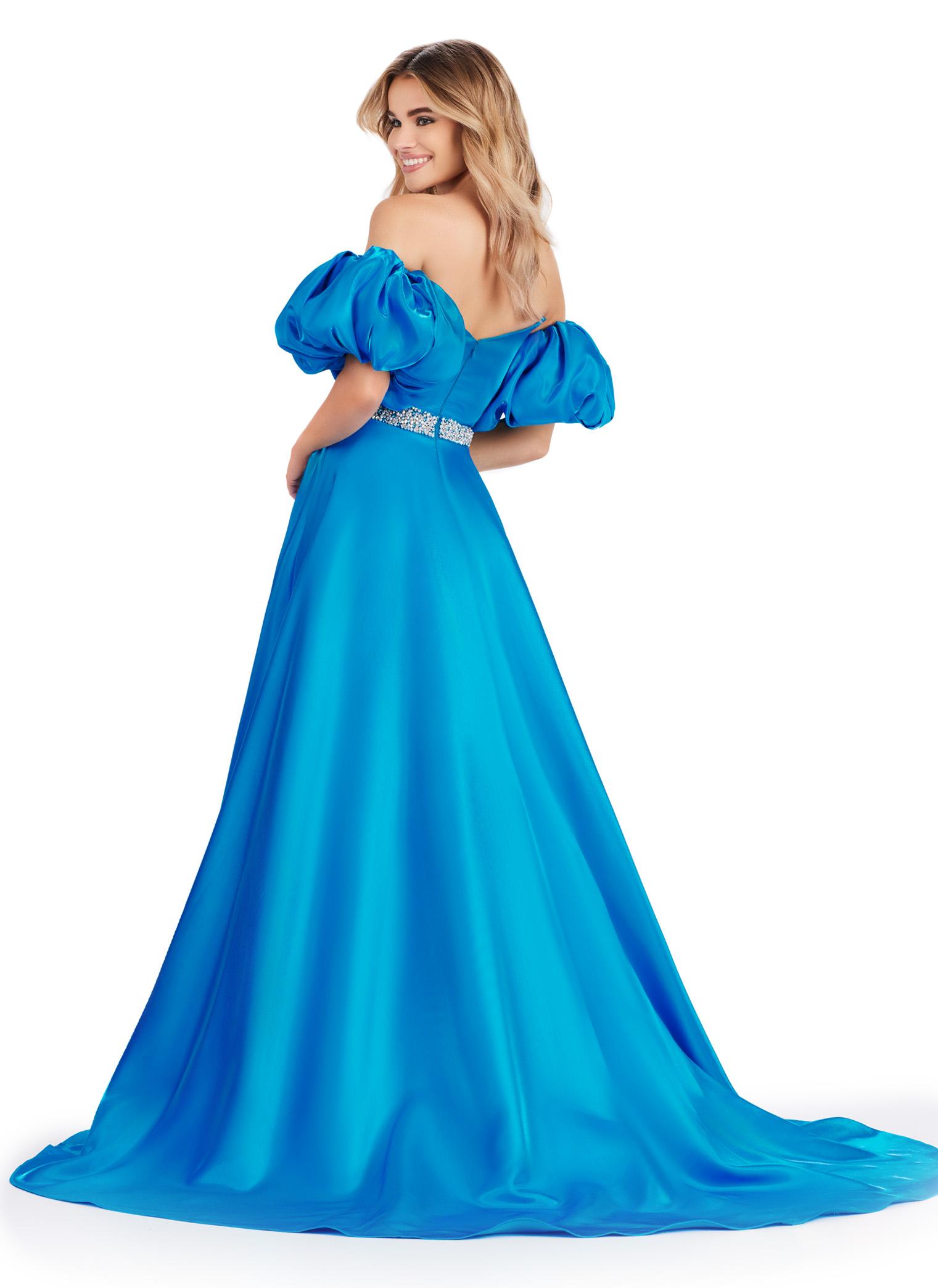 Back. Peacock ASHLEYlauren 11474 strapless satin ball gown with sweetheart neckline, beaded belt, left leg slit, and detachable puff sleeves