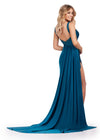 Back. Peacock ASHLEYlauren 11579 Unique Jersey Gown with Illusion V-Neckline, Sparkling Press On Stones, Flowing Side Skirt, and Left Leg Slit