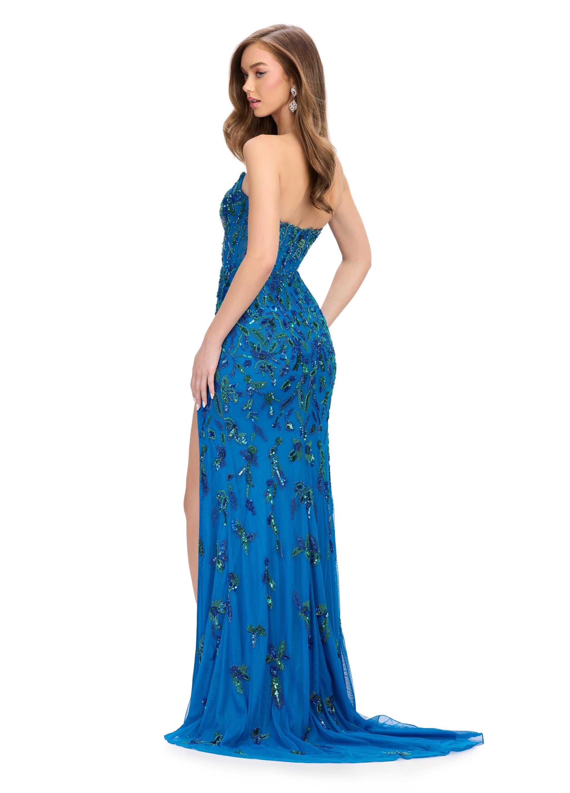 Back. Peacock ASHLEYlauren 11614 Strapless Fully Beaded Gown with Sweetheart Neckline, Illusion Corset Bustier, and Left Leg Slit