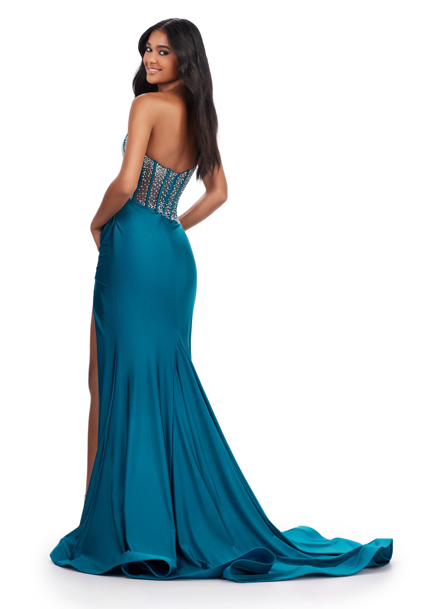 Back. Peacock ASHLEYlauren 11617 Elegant One Shoulder Jersey Gown with Glamorous Beaded Corset Bustier, Ruched Hip Detail, and Left Leg Slit