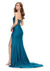 Back. Peacock ASHLEYlauren 11690 Glamorous Strapless Gown with Exposed Corset Boning Encrusted in Press On Stones, Ruched Skirt, and Left Leg Slit
