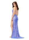Back. Periwinkle ASHLEYlauren 11342 sequin gown featuring double spaghetti straps, a sweetheart neckline, lace-up back with beaded fringe tassels, and a left leg slit for a glamorous and elegant look.
