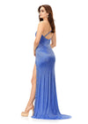 Back. Periwinkle ASHLEYlauren 11352 liquid beaded gown featuring a one shoulder neckline with crystal trim, a left leg slit, and a sweep train for an elegant and sophisticated look.