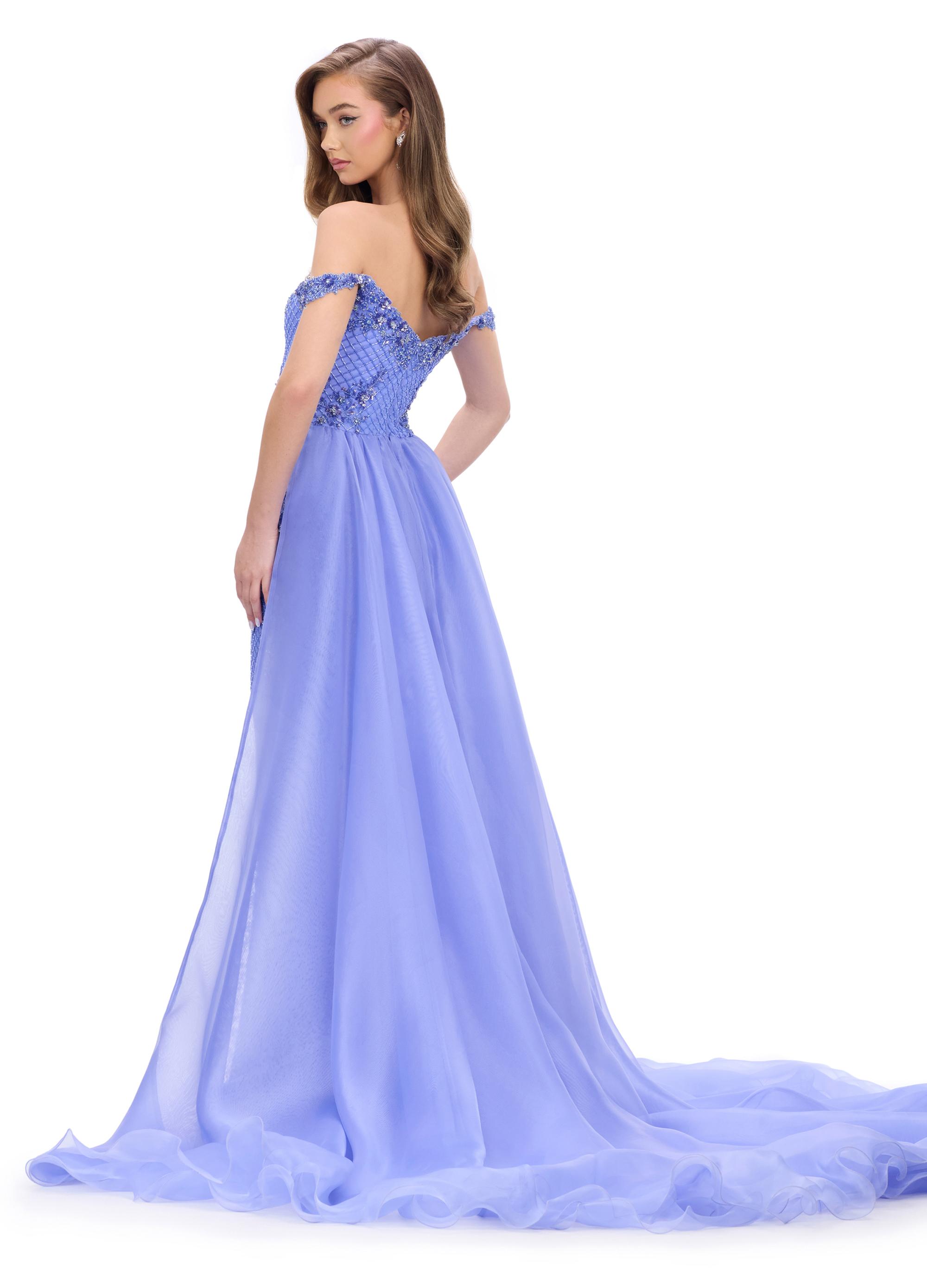 Back. Periwinkle ASHLEYlauren 11767 Fully Beaded Gown with Sweetheart Neckline, Beaded Off Shoulder Bow Straps, and Flowing Organza Overskirt for a Regal Look