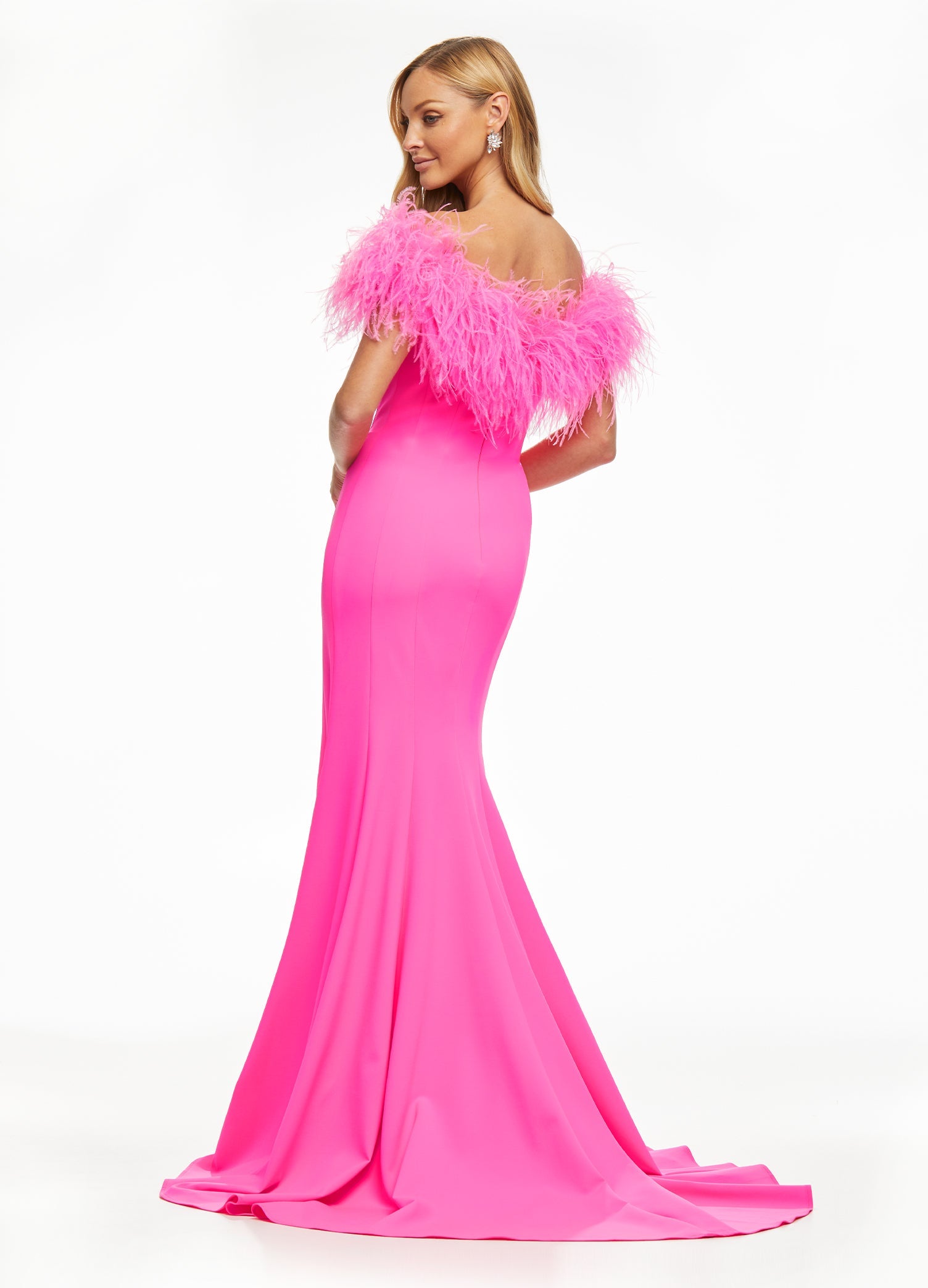 Back. Pink ASHLEYlauren 11101 Off-Shoulder Scuba Gown with Sweetheart Neckline, Feather Accents, and Left Leg Slit