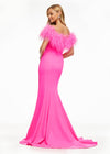 Back. Pink ASHLEYlauren 11101 Off-Shoulder Scuba Gown with Sweetheart Neckline, Feather Accents, and Left Leg Slit