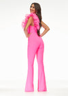 Back. Pink ASHLEYlauren 11106 Scuba Jumpsuit with One-Shoulder Design, Organza Ruffle, and Feather Accents for a Fun and Flirty Look