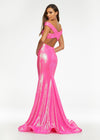 Back. Pink ASHLEYlauren 11107 Off-Shoulder Sequin Gown with Criss-Cross Open Back, Fit & Flare Silhouette, and Horsehair Hem