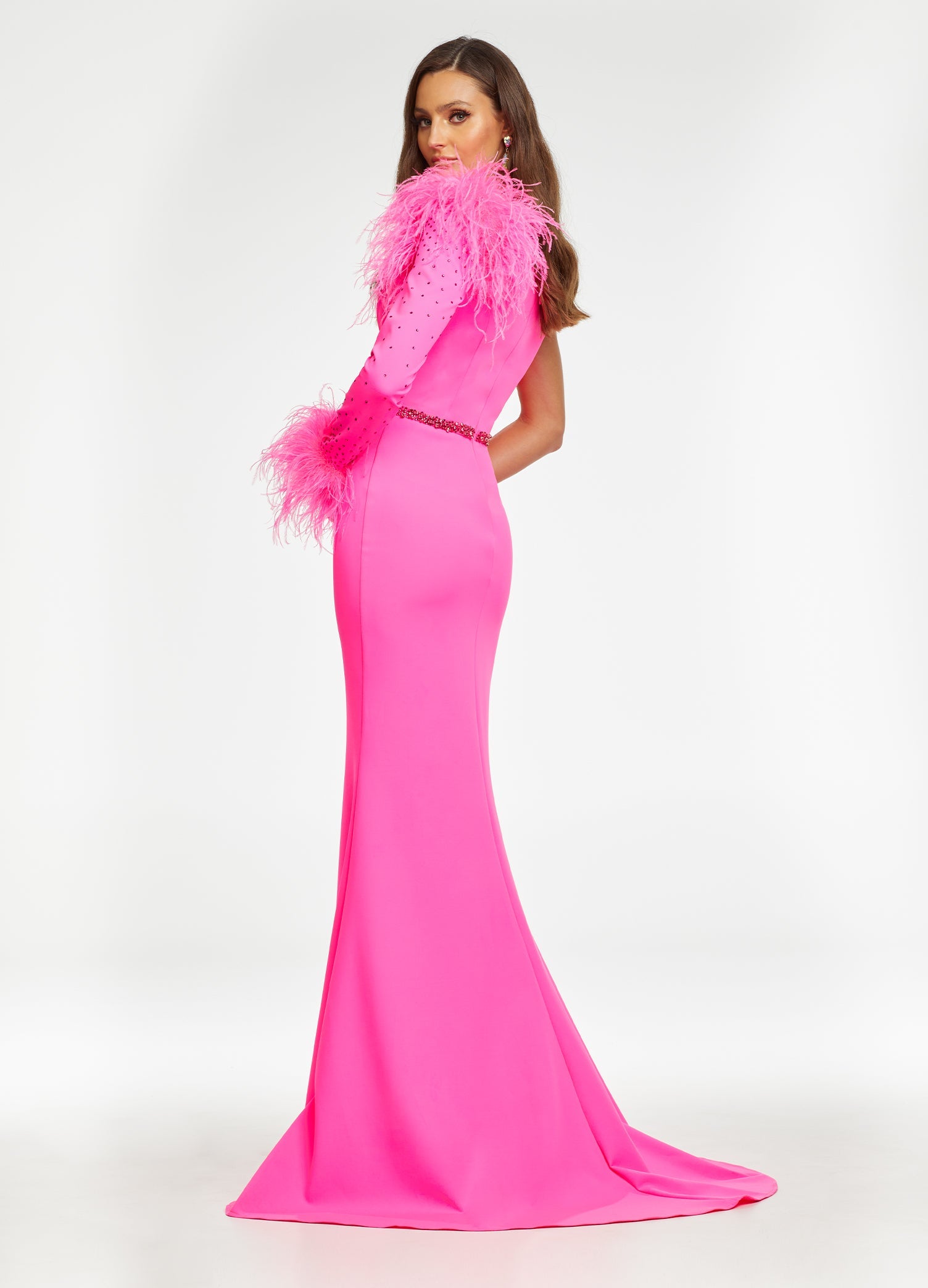 Back. Pink ASHLEYlauren 11131 One-Shoulder Scuba Gown with Feather Details, Heat-Set Stones, Crystal Belt, and Elegant Train